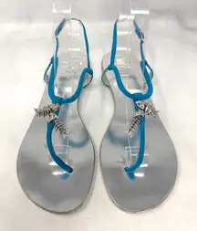 NEW Giuseppe Zanotti Iconic Fishbone Charm Leather Flat Sandals Silver Blue 38