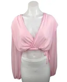 Missguided Pink Deep V Long Sleeve Elastic Wait Cropped Blouse Top Size 4