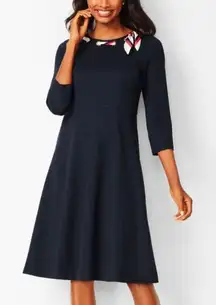 Talbots Ponte Navy Blue Scarf Neck Nautical 3/4 Sleeve Flare Midi Dress Size 16‎