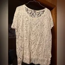 Womens Large Ivory Crochet Floral Lace Short Sleeve Semi Sheer Excellent