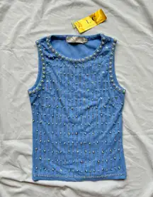 no comment from macy’s blue pearl sequin bead ribbed tank top