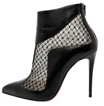 Christian Louboutin Papilloboot Black Leather Resille Mesh Pointed Ankle Boots