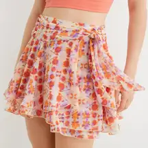 Aerie Micro Mini Chiffon Floral Wrap Skirt with Ruffle Hem Size Medium Orange