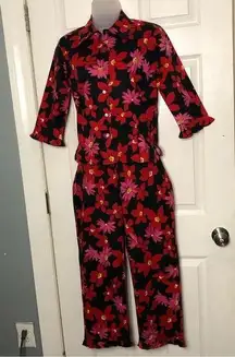Vintage Carole Little red & pink floral 2 piece set button up shirt pants size 4