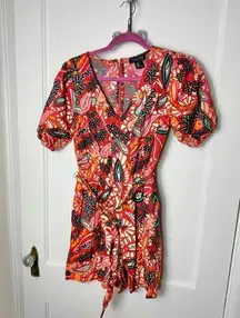 Rachel Zoe Romper Women's S Red Paisley Belt Puff Tropical Boho Resort Coastal