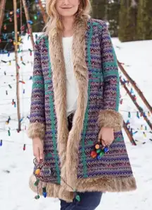 Sundance embroidered Tatou faux fur collar belted open front long coat boho