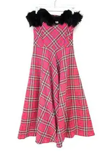 Candy Anthony Women's Sz M Strapless A-Line Faux Fur Trim Plaid Dress Pink White