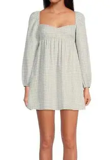 Gianni Bini Gingham Babydoll Dress Green & Ivory Long Sleeve Sz 12 NWT Kennedy