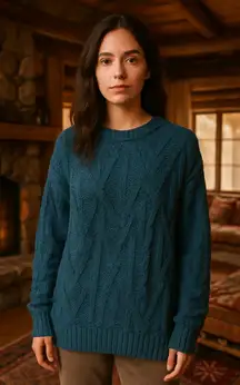 Free People Fisherman Cable Knit Sweater – Teal Blue – Women's M (Oversized Fit)