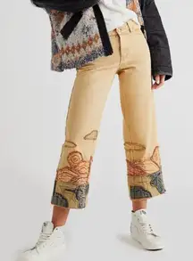 Free People We The Canyon Tan Golden Vibes Embroidered Cropped Pants Size 31