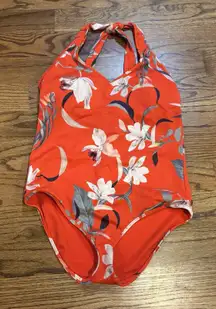 Athleta Size Medium Waimea Halter Plunge One Piece Swimsuit‎ Floral Red Orange