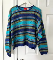 Liz & Co Vintage Bold Blue Multi Stripe Bead Accented Jumper Sweater Y2K Large