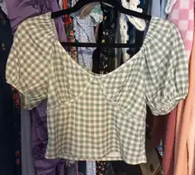 Caution To The Wind Green Gingham Puff Sleeve Crop Top Blouse
