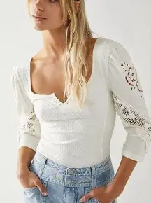 Free People  Brunch Date Henley Ivory Puff Sleeve Top