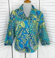 Toni Morgan Abstract Art Button Up Shirt Blue Green Large Linen Blend