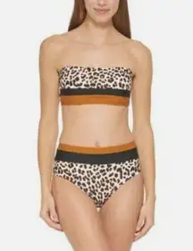 DKNY Leopard Print 2PC Set Bandeau Swim Top & High Waisted Bottom Large $136