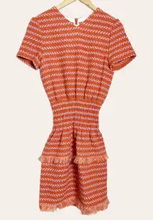 Maje Coral Pink Orange Wool Tweed Short Sleeve Smocked Mini Cocktail Dress 2 New