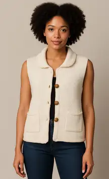 Cream Knit Button Front Sleeveless Vest w/ Wooden Buttons Cottagecore