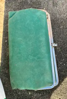 Hobo Green Leather Kiss Lock Double Clutch Wallet Organizer Distressed