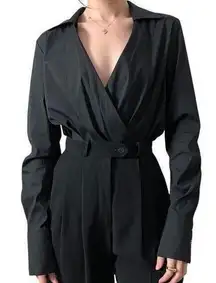 paire los angeles black office work wear v neck faux wrap shirt bodysuit top