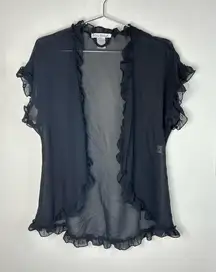 Linea Donatella Sheer Black Ruffle Trim Open Front Cover Up Top Size Medium
