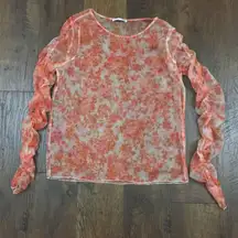 Zara Mesh Tulle Sheer Floral Ruched Long Sleeve Coral/Orange Top