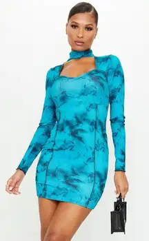 Pretty Little Thing BLUE TIE DYE RIB STITCH DETAIL HIGH NECK LONG SLEEVE CUT OUT BODYCON DRESS