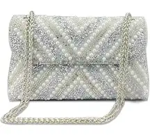 ⚡Womens Rhinestones Chain Shoulder Sparkly Cocktail Silver Clutch Party Prom Bag