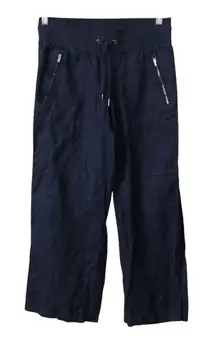 Athleta Linen Wide Leg Pants Size 4 Womens Navy Pull‎ On Drawstring Waist