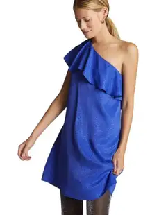 Anthropologie Royal Blue Ruffled One-Shoulder Mini Dress New with Tag W-594 Sz 8