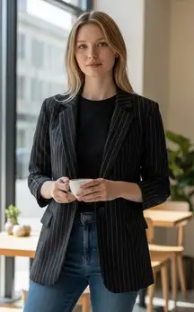 NWT Madewell $188 Oversized Blazer in Pinstripe Black Size 10 NN825 WOOL Blend