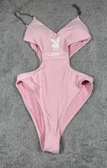 B22 New Womens PLAYBOY 🐰Light Pink One Piece Swimsuit with Chain Straps size Xs