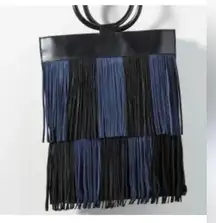 Anthropologie Black Fringe  Bag with circle wood handles