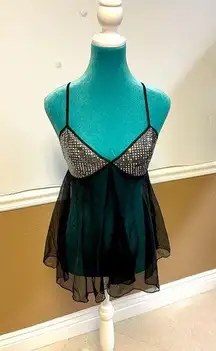 Vintage Escante Black Sheer Babydoll Lingerie with Silver Sequin Cups - Size S