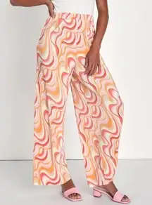 NWT Lulus Gettin' Groovy Orange Multi Print Plisse Wide-Leg Pants