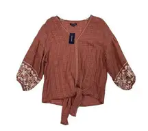 *New Max Edition Tie Front Boho Peasant Top Womens Large Embroidered Puff Sleeve