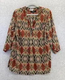 Jones Wear Women's Tunic Blouse 3/4 Sleeve V Neck Batik Brown Size 14