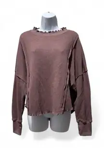Umgee L Mauve Waffle Knit Oversized Ruffle Hem Top