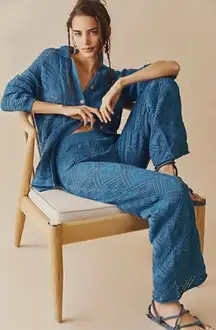 Free People Beach Get Away Fauxchet Crochet Set Cardi Wide Leg Pant Peacock Blue