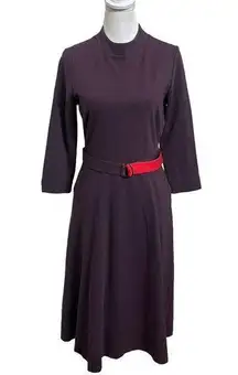 Boden Nerissa Ponte Knit Dress Midi Navy Beetroot Mock Neck Belted Womens Size 8