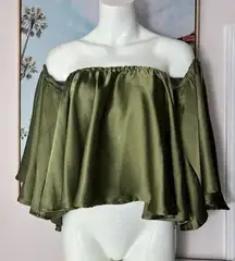 Missguided Green Olive Satin Bardot Off The Shoulder Blouse Top Size 12 Large