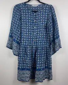 Roller Rabbit Shirt Dress Womens XS Blue Starry Border Regine Shirred Tunic Boho