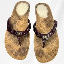UGG Australia Cork Brown Leather Thong Sandals Shearling Footbed Women US 8