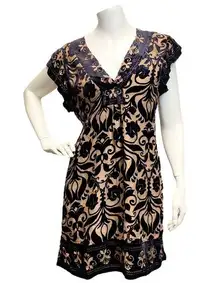 Vintage Hale Bob Small Silk V Neck Velvet Burnout Tie Shoulder Black Brown Dress