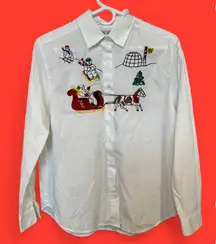 Karen Scott Vintage White Button Down Shirt with Embroidered Festive Motifs