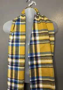 Plaid Tartan Scarf Womens One Size Yellow Blue Fringe Winter Wrap Cozy