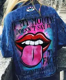 Denim Jacket‎ Graphic Print Statement Back Design Women's Size L