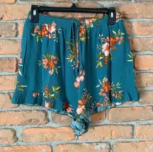 American‎ Eagle Floral Shorts Womens Small Green Drawstring Ruffle Hem Summer