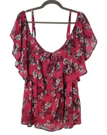 Torrid Pink Floral Blouse with Ruffle Neckline and Shoulder Cut Outs Size 2X