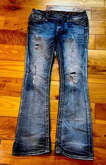 HTF Rock Revival “Tama” Distressed Mid-Rise Boot Cut Jeans, Sz 29